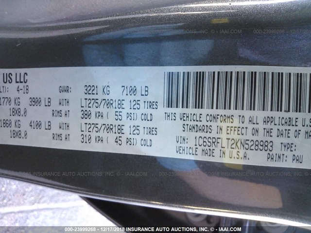 1C6SRFLT2KN528983 - 2019 RAM 1500 REBEL ნაცრისფერი ფოტო 9