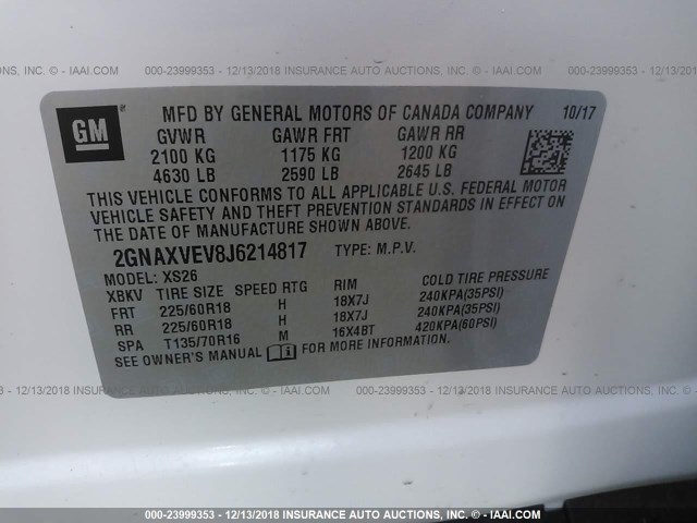 2GNAXVEV8J6214817 - 2018 CHEVROLET EQUINOX PREMIER WHITE photo 9