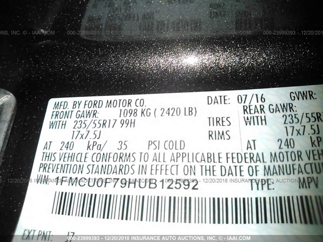 1FMCU0F79HUB12592 - 2017 FORD ESCAPE S GRAY photo 9