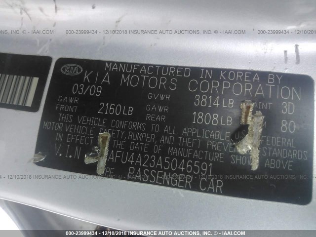 KNAFU4A23A5046591 - 2010 KIA FORTE EX SILVER photo 9