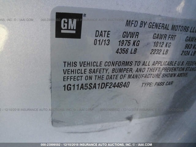 1G11A5SA1DF244840 - 2013 CHEVROLET MALIBU LS 银色 照片 9