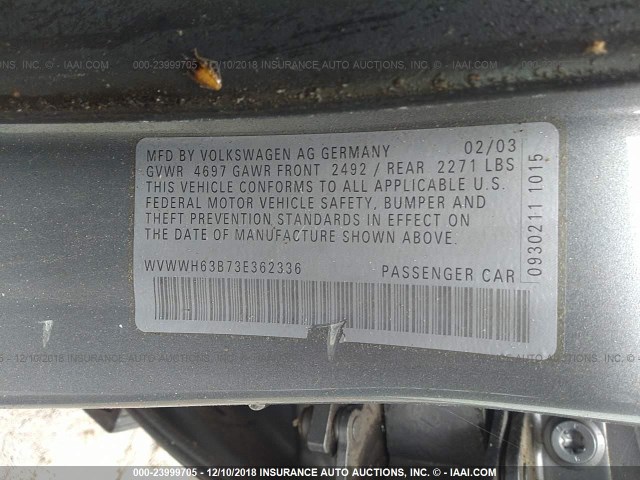 WVWWH63B73E362336 - 2003 VOLKSWAGEN PASSAT GLX 灰色 照片 9