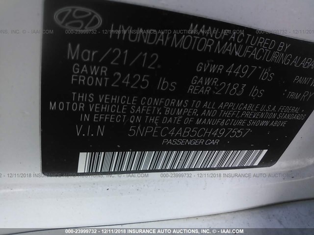 5NPEC4AB5CH497557 - 2012 HYUNDAI SONATA SE/LIMITED WHITE photo 9