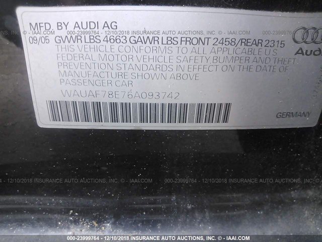 WAUAF78E76A093742 - 2006 AUDI A4 2/TURBO BLACK photo 9