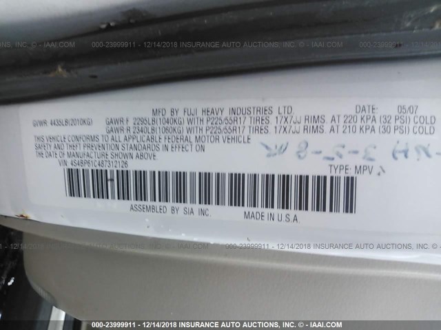 4S4BP61C487312126 - 2008 SUBARU OUTBACK 2.5I WHITE photo 9