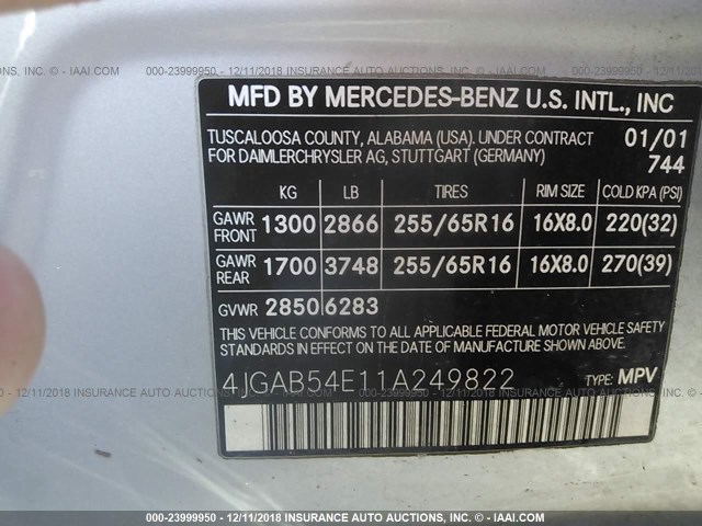 4JGAB54E11A249822 - 2001 MERCEDES-BENZ ML 320 SILVER photo 9