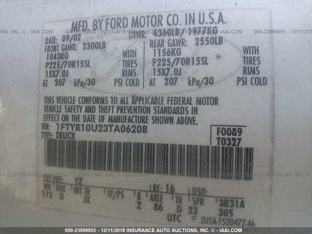 1FTYR10U23TA06208 - 2003 FORD RANGER WHITE photo 9