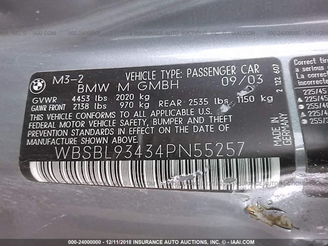 WBSBL93434PN55257 - 2004 BMW M3 SILVER photo 9