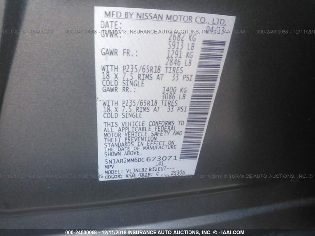 5N1AR2MM6DC673071 - 2013 NISSAN PATHFINDER S/SV/SL/PLATINUM BLUE photo 9