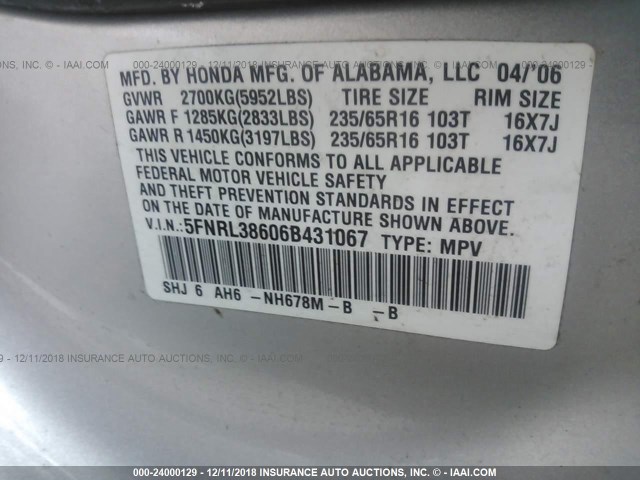 5FNRL38606B431067 - 2006 HONDA ODYSSEY EXL SILVER photo 9