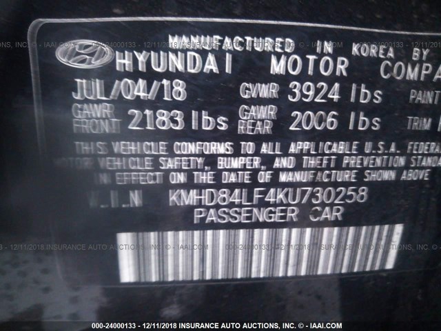 KMHD84LF4KU730258 - 2019 HYUNDAI ELANTRA SEL/VALUE/LIMITED BLACK photo 9