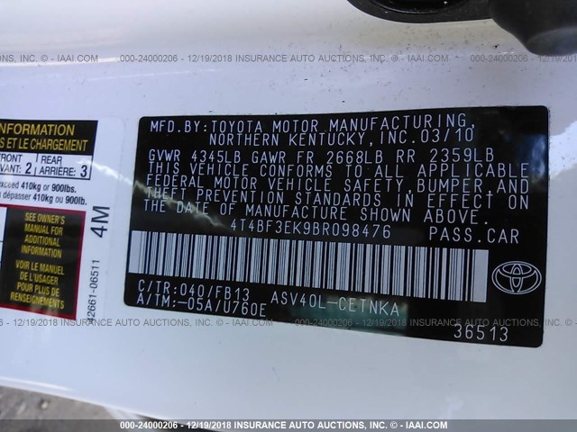 4T4BF3EK9BR098476 - 2011 TOYOTA CAMRY SE/LE/XLE 白色 照片 9