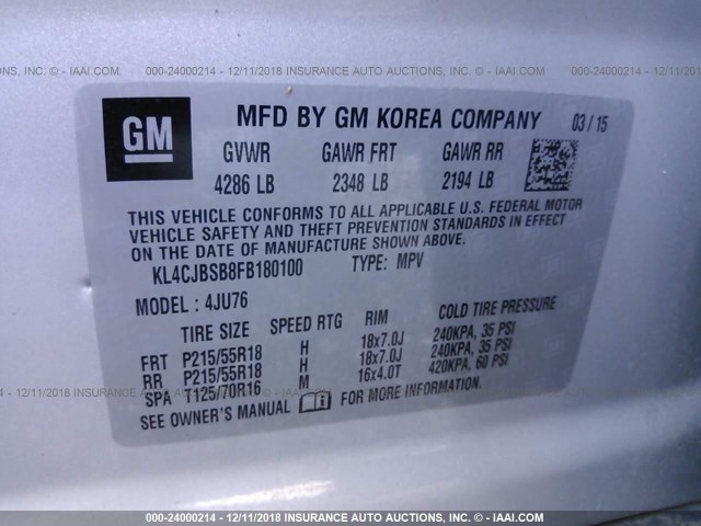 KL4CJBSB8FB180100 - 2015 BUICK ENCORE SILVER photo 9