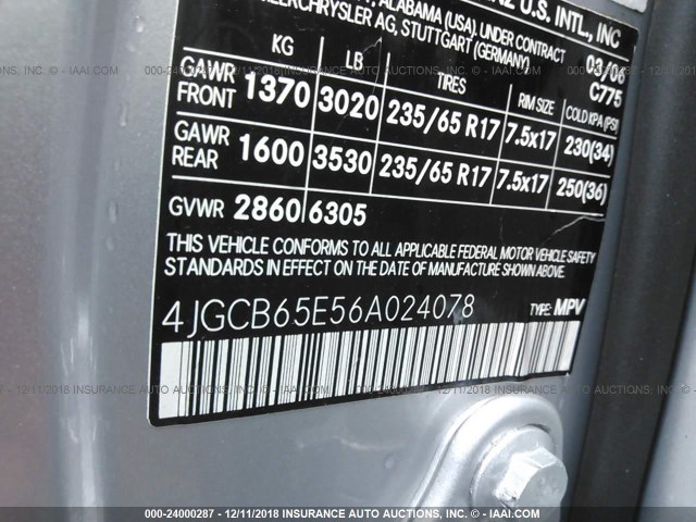 4JGCB65E56A024078 - 2006 MERCEDES-BENZ R 350 SILVER photo 9