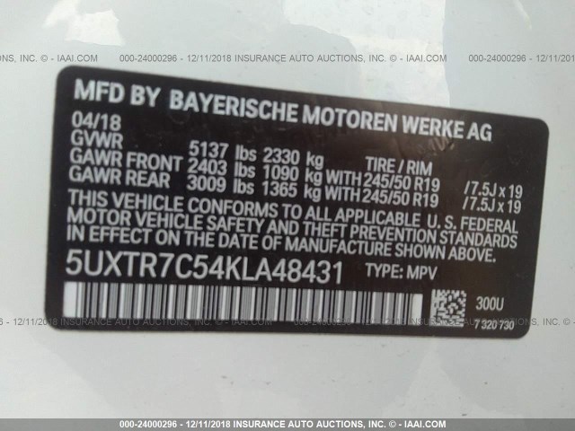 5UXTR7C54KLA48431 - 2019 BMW X3 SDRIVE30I WHITE photo 9