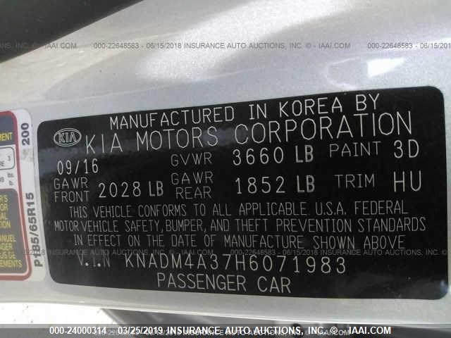 KNADM4A37H6071983 - 2017 KIA RIO LX GRAY photo 9