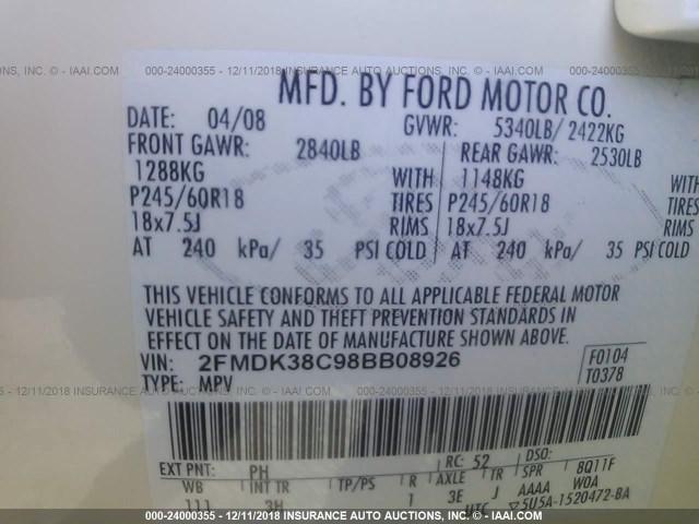 2FMDK38C98BB08926 - 2008 FORD EDGE SEL WHITE photo 9