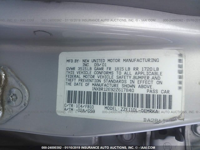 1NXBR12E92Z617840 - 2002 TOYOTA COROLLA CE/LE/S SILVER photo 9