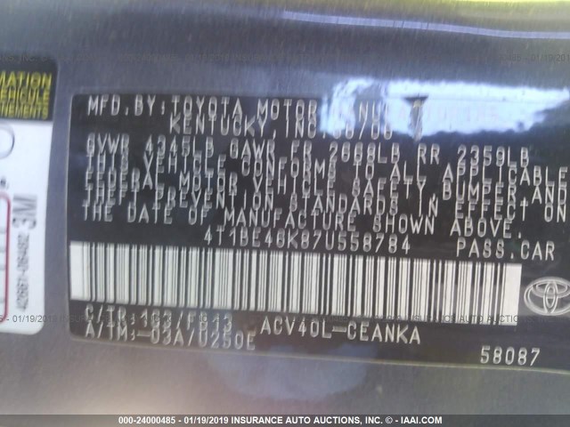 4T1BE46K87U558784 - 2007 TOYOTA CAMRY NEW GENERAT CE/LE/XLE/SE GRAY photo 9