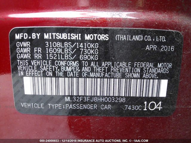 ML32F3FJ8HH003298 - 2017 MITSUBISHI MIRAGE G4 ES წითელი ფოტო 9