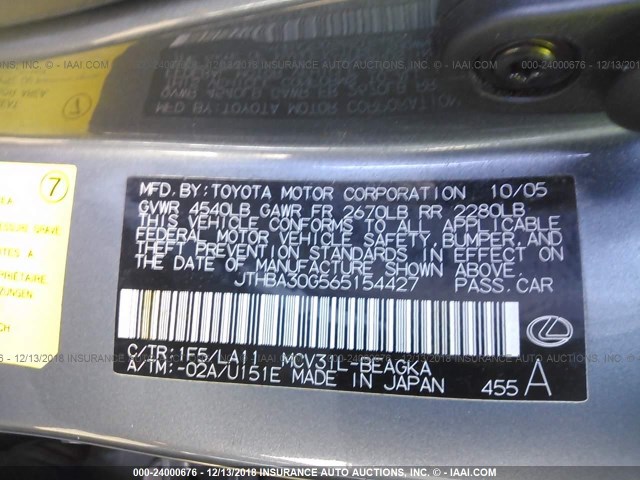 JTHBA30G565154427 - 2006 LEXUS ES 330 GRAY photo 9