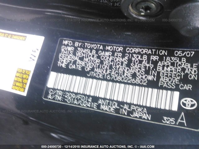 JTKDE167080226802 - 2008 TOYOTA SCION TC 黑色 照片 9