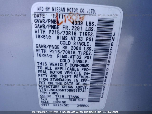 JN8AS5MT0BW565742 - 2011 NISSAN ROGUE S/SV/KROM SILVER photo 9