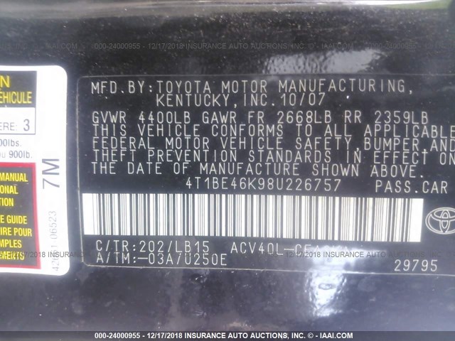 4T1BE46K98U226757 - 2008 TOYOTA CAMRY CE/LE/XLE/SE BLACK photo 9