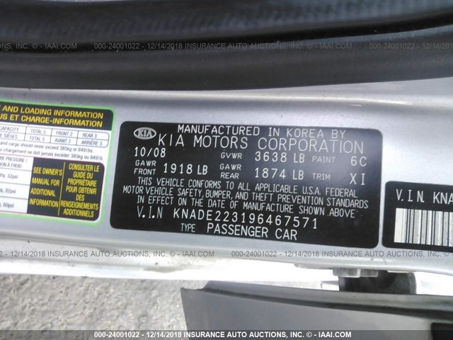 KNADE223196467571 - 2009 KIA RIO LX/SX SILVER photo 9