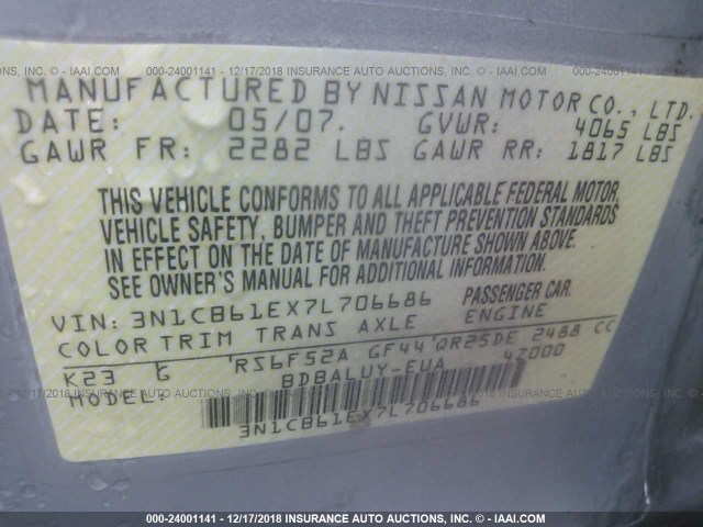 3N1CB61EX7L706686 - 2007 NISSAN SENTRA SE-R SPEC V SILVER photo 9