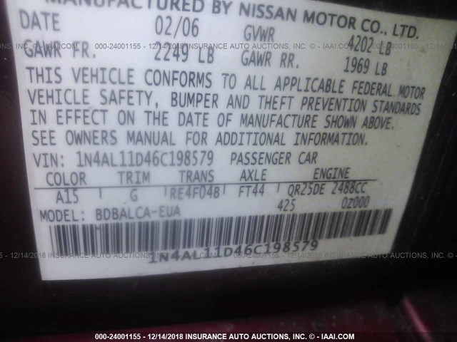 1N4AL11D46C198579 - 2006 NISSAN ALTIMA S/SL BURGUNDY photo 9