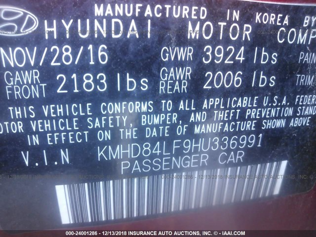 KMHD84LF9HU336991 - 2017 HYUNDAI ELANTRA SE/VALUE/LIMITED RED photo 9