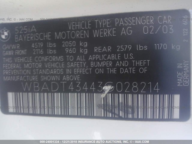 WBADT43443G028214 - 2003 BMW 525 I AUTOMATIC WHITE photo 8