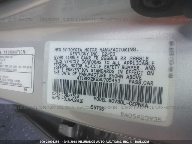 4T1BE32K63U705453 - 2003 TOYOTA CAMRY LE/XLE/SE SILVER photo 9