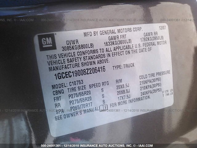 1GCEC19008Z206416 - 2008 CHEVROLET SILVERADO C1500 GRAY photo 9