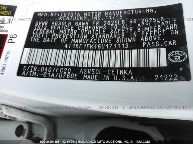 4T1BF1FK4GU171113 - 2016 TOYOTA CAMRY LE/XLE/SE/XSE WHITE photo 9