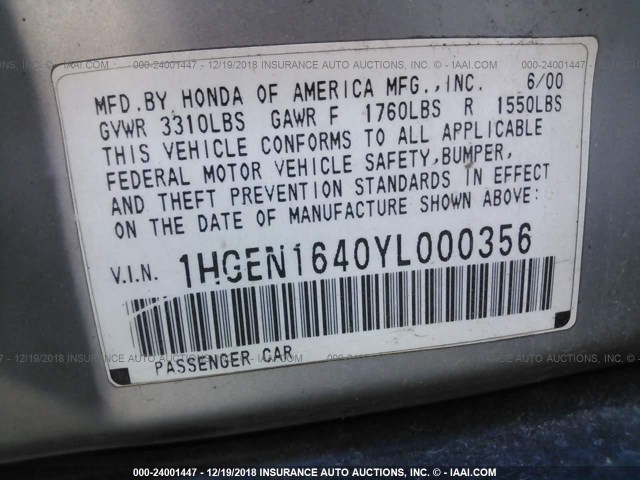 1HGEN1640YL000356 - 2000 HONDA CIVIC GX SILVER photo 9