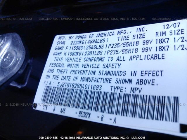 5J8TB18288A011693 - 2008 ACURA RDX BLUE photo 9