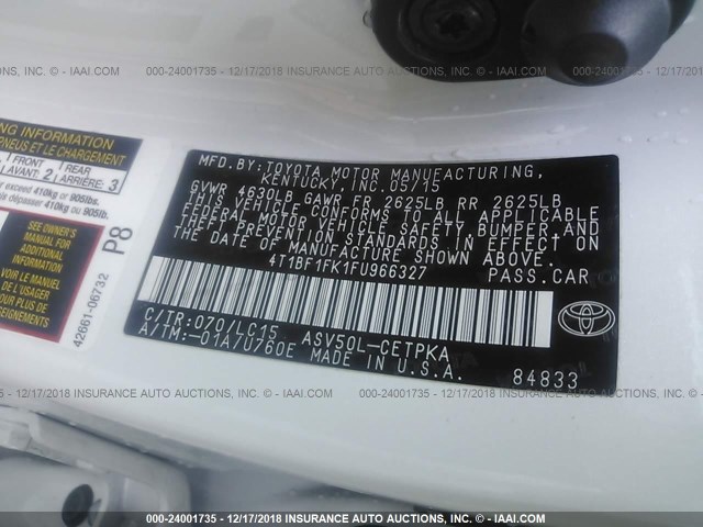 4T1BF1FK1FU966327 - 2015 TOYOTA CAMRY LE/XLE/SE/XSE WHITE photo 9