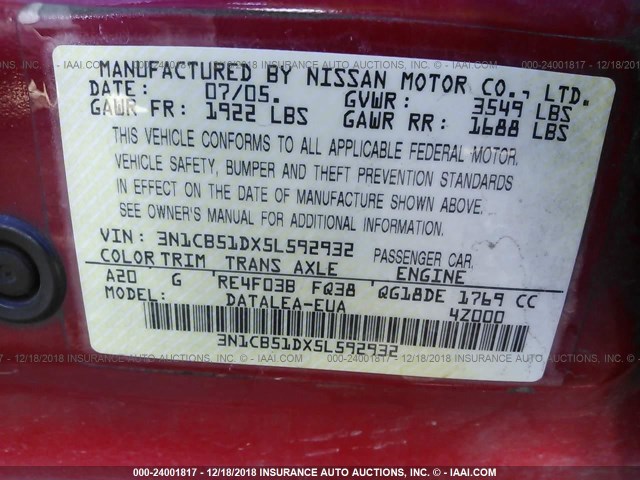 3N1CB51DX5L592932 - 2005 NISSAN SENTRA 1.8/1.8S RED photo 9