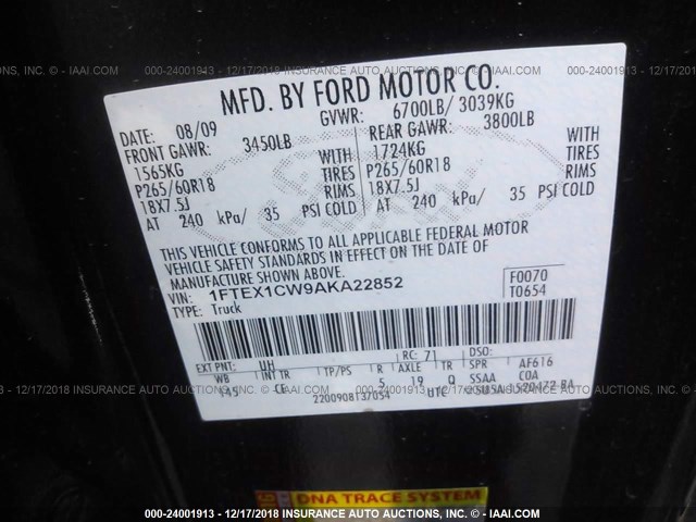 1FTEX1CW9AKA22852 - 2010 FORD F150 SUPER CAB BLACK photo 9