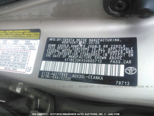 4T1BE32K45U605712 - 2005 TOYOTA CAMRY LE/XLE/SE GOLD photo 9