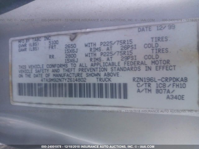 4TASM92N7YZ614802 - 2000 TOYOTA TACOMA XTRACAB PRERUNNER ვერცხლისფერი ფოტო 9