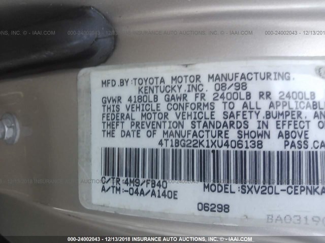 4T1BG22K1XU406138 - 1999 TOYOTA CAMRY CE/LE/XLE TAN photo 9