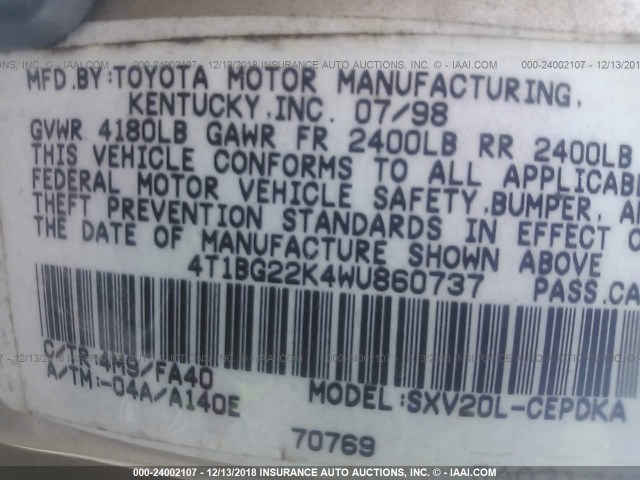 4T1BG22K4WU860737 - 1998 TOYOTA CAMRY CE/LE/XLE TAN photo 9