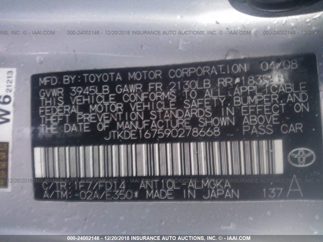 JTKDE167590278668 - 2009 TOYOTA SCION TC ვერცხლისფერი ფოტო 9