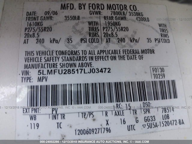 5LMFU28517LJ03472 - 2007 LINCOLN NAVIGATOR WHITE photo 9