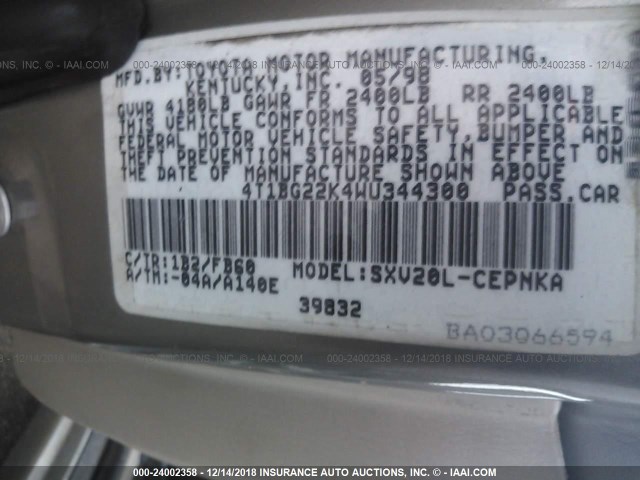 4T1BG22K4WU344300 - 1998 TOYOTA CAMRY CE/LE/XLE 灰色 照片 9