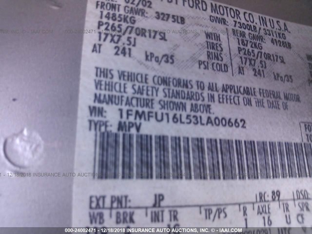 1FMFU16L53LA00662 - 2003 FORD EXPEDITION XLT GRAY photo 9