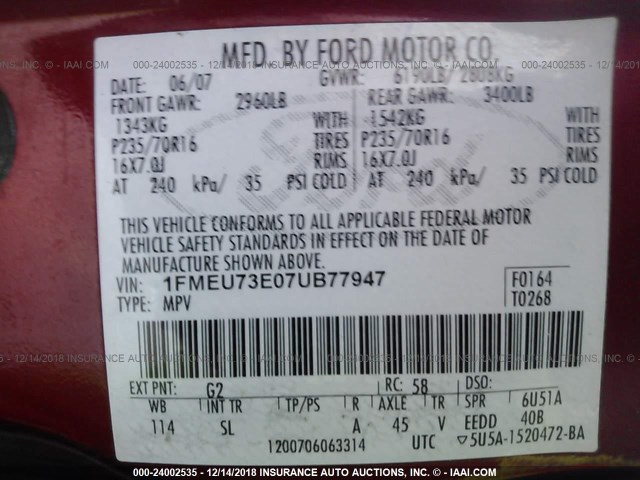 1FMEU73E07UB77947 - 2007 FORD EXPLORER XLT RED photo 9